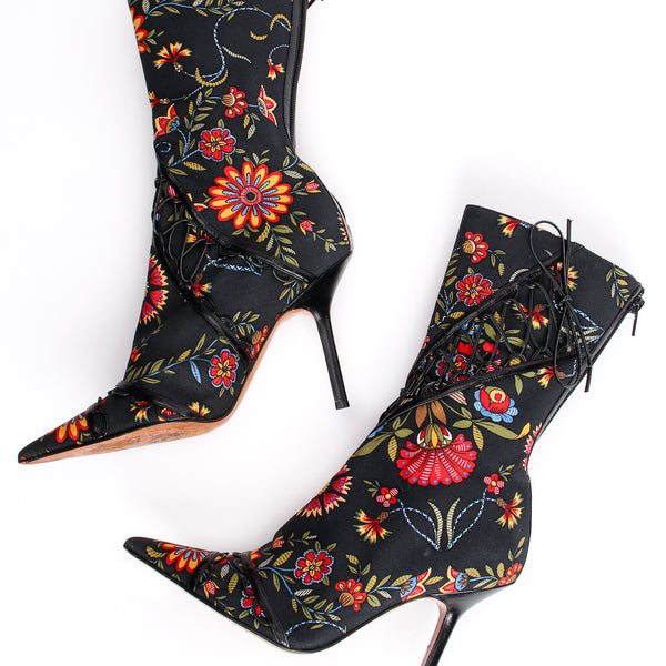 Vintage Christian Dior Floral Print Stiletto Boots Recess