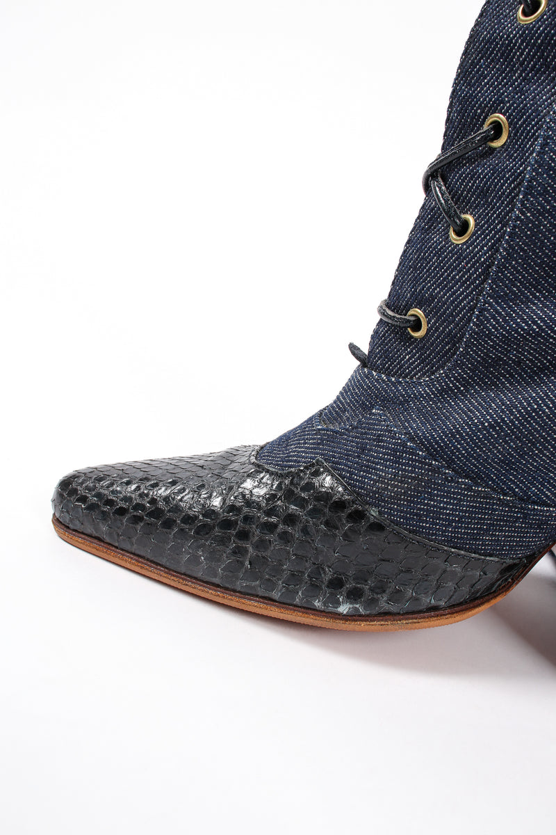 Vintage Christian Dior Indigo Snakeskin Denim Boots toe detail at Recess Los Angeles