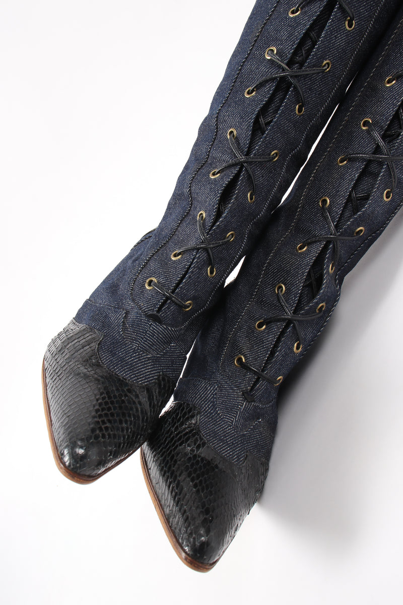 Vintage Christian Dior Indigo Snakeskin Denim Boot toes at Recess Los Angeles