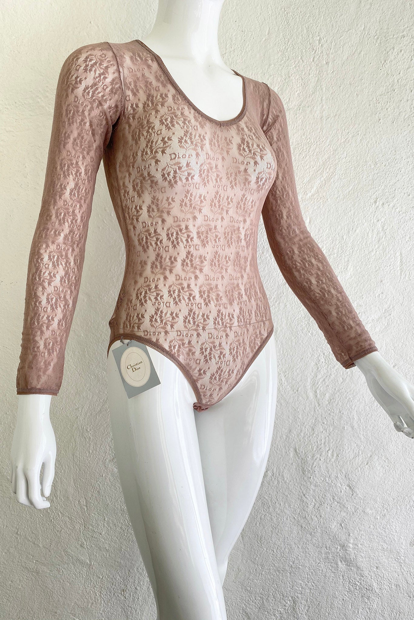 Vintage Christian Dior Deadstock Sheer Lace Logo Bodysuit on Mannequin Angle at Recess Los Angeles