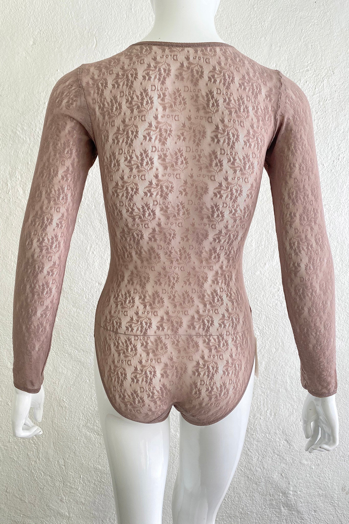 Vintage Christian Dior Deadstock Sheer Lace Logo Bodysuit on Mannequin Back at Recess Los Angeles