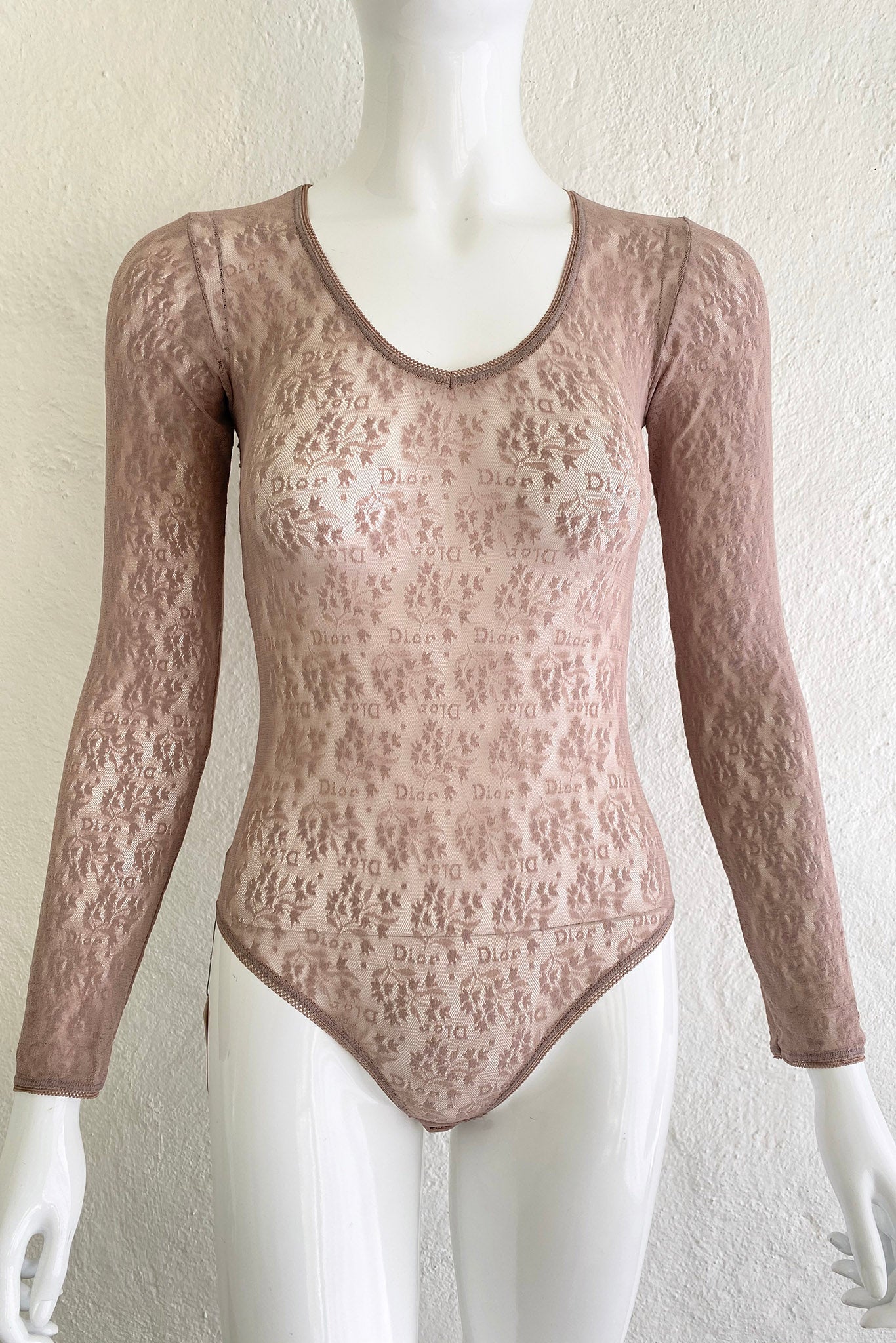 Vintage Christian Dior Deadstock Sheer Lace Logo Bodysuit on Mannequin Front at Recess Los Angeles