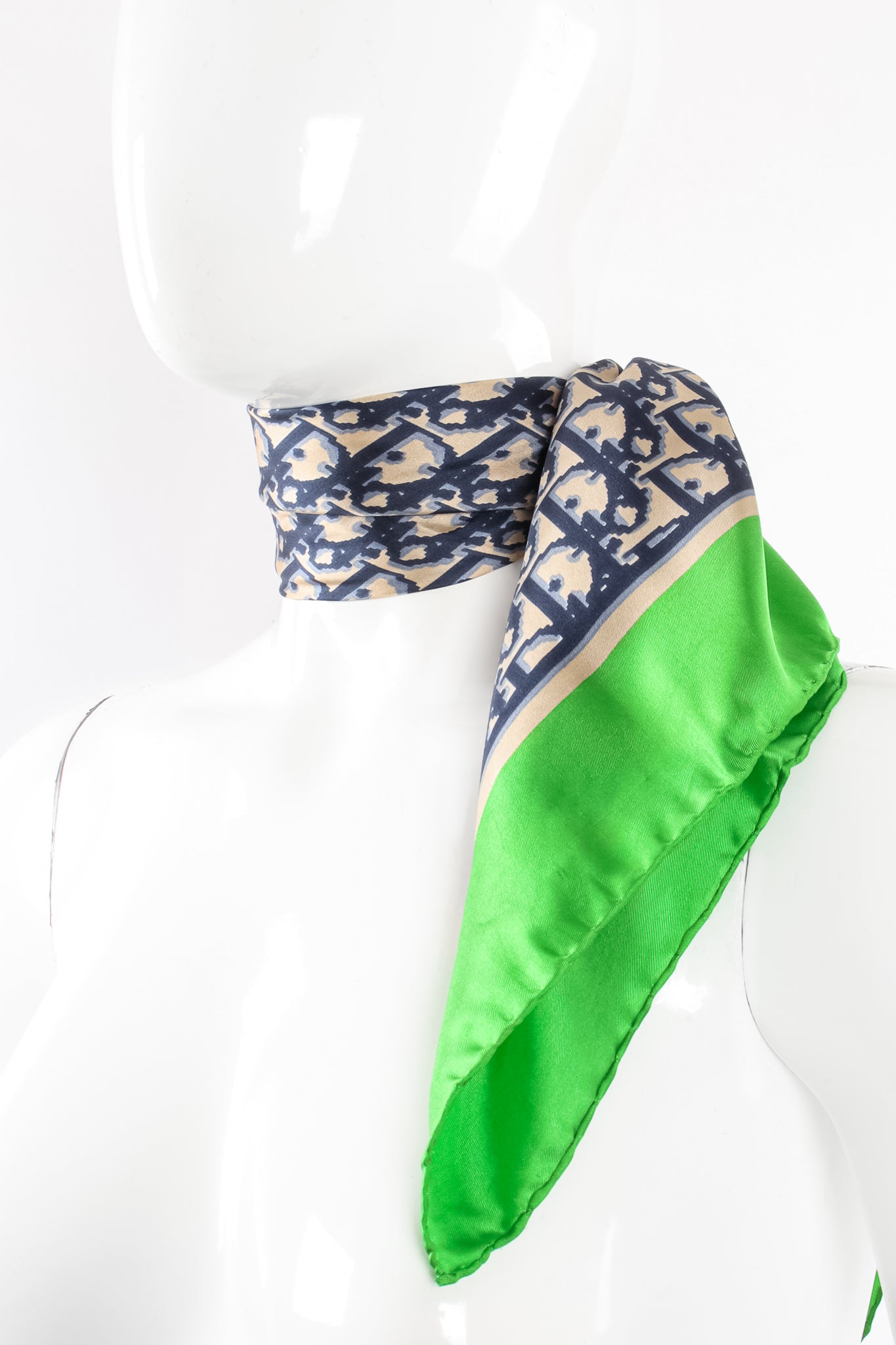 Vintage Christian Dior Monogram Print Silk Scarf on Mannequin at Recess Los Angeles