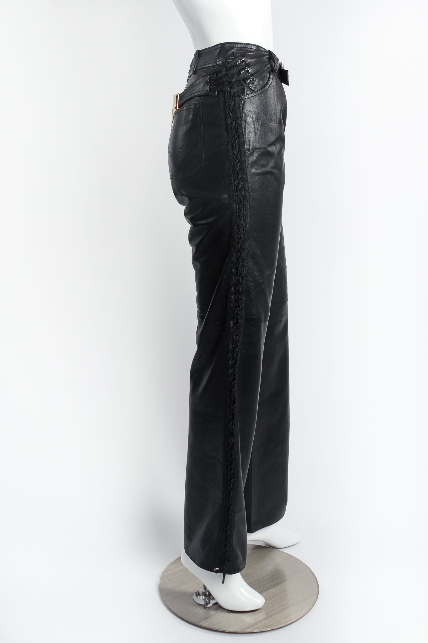 Vintage Christian Dior Leather Tuxedo Lace Plaque Pant on Mannequin side at Recess Los Angeles