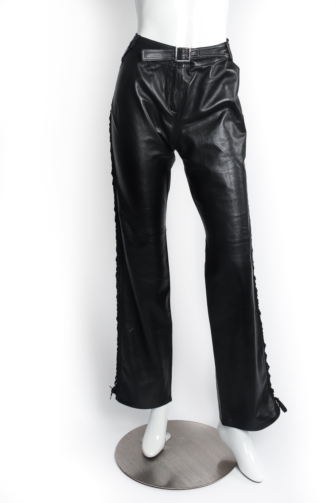 Vintage Christian Dior Leather Tuxedo Lace Plaque Pant on Mannequin front at Recess Los Angeles