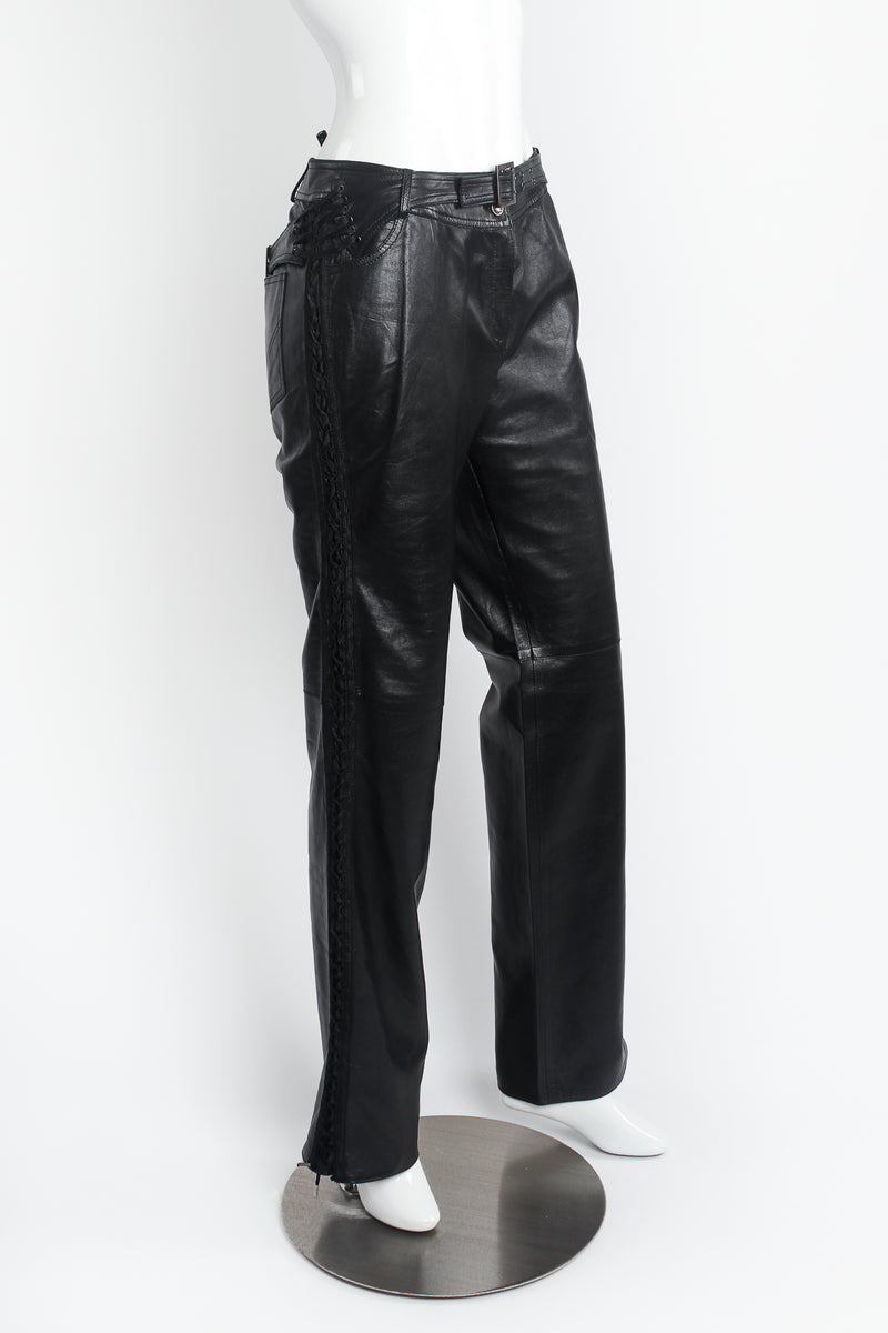 Vintage Christian Dior Leather Tuxedo Lace Plaque Pant on Mannequin angle at Recess Los Angeles