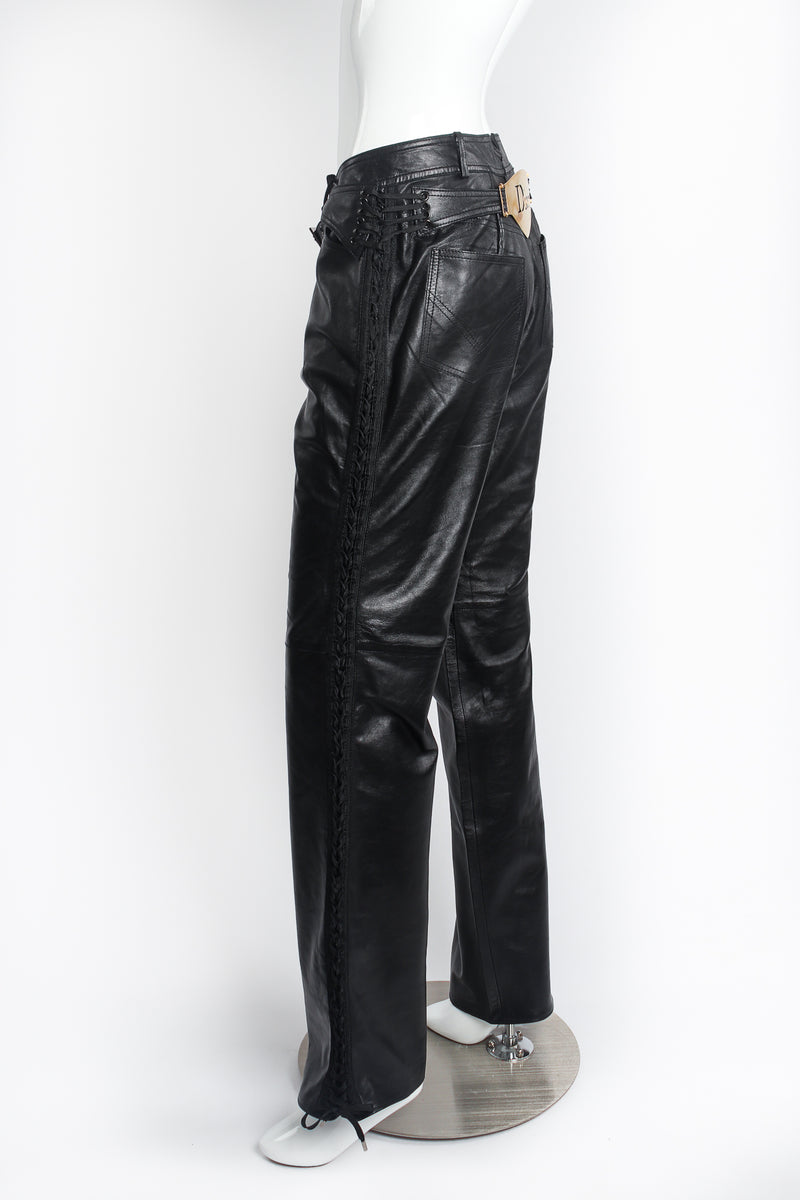 Vintage Christian Dior Leather Tuxedo Lace Plaque Pant on Mannequin side at Recess Los Angeles