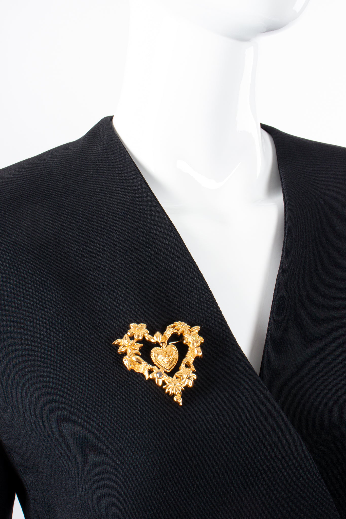 Vintage Christian Lacroix Floral Hearts of Gold Brooch on mannequin at Recess Los Angeles