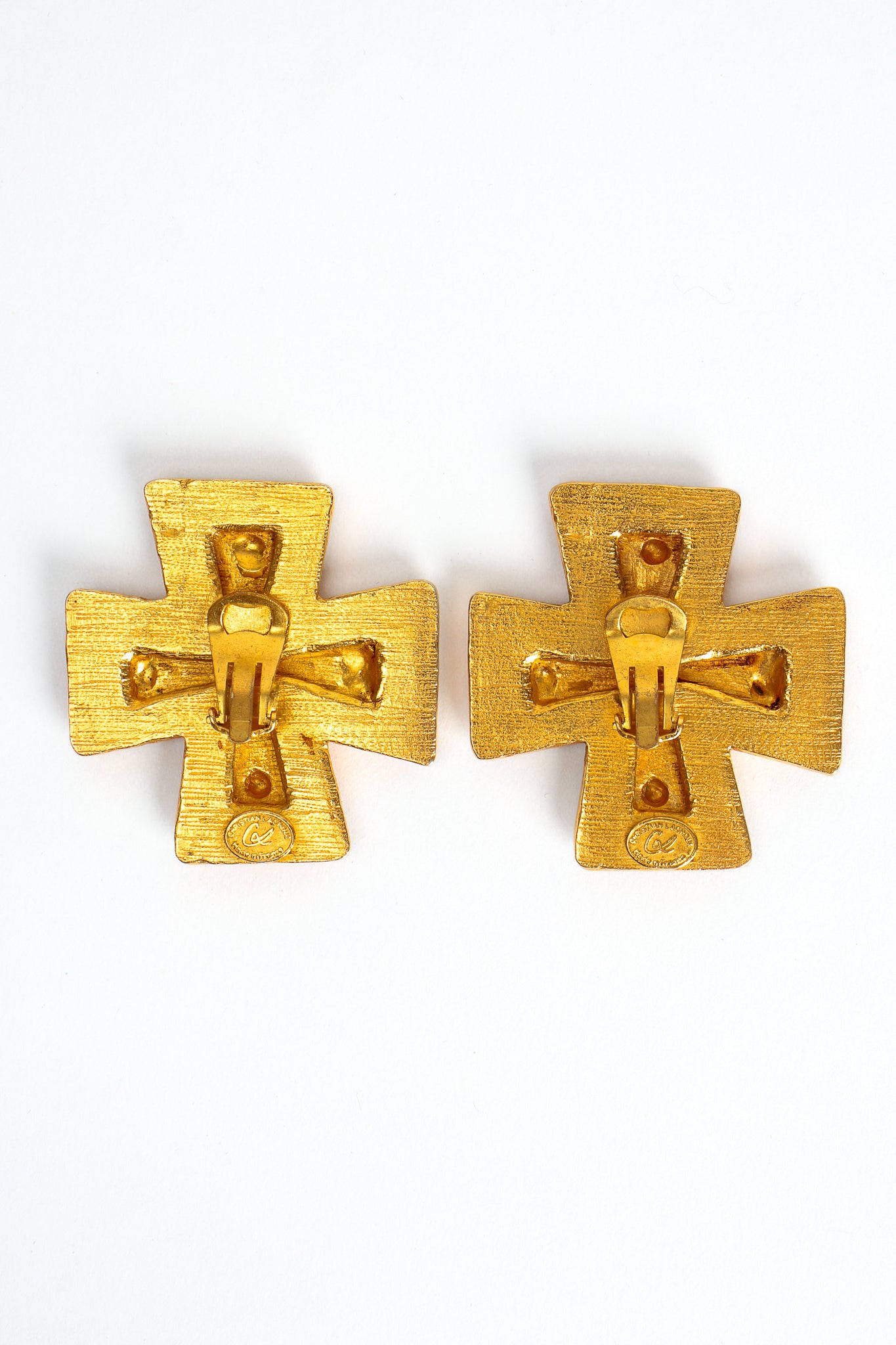 Vintage Christian Lacroix Leather Cross Earrings backside at Recess Los Angeles