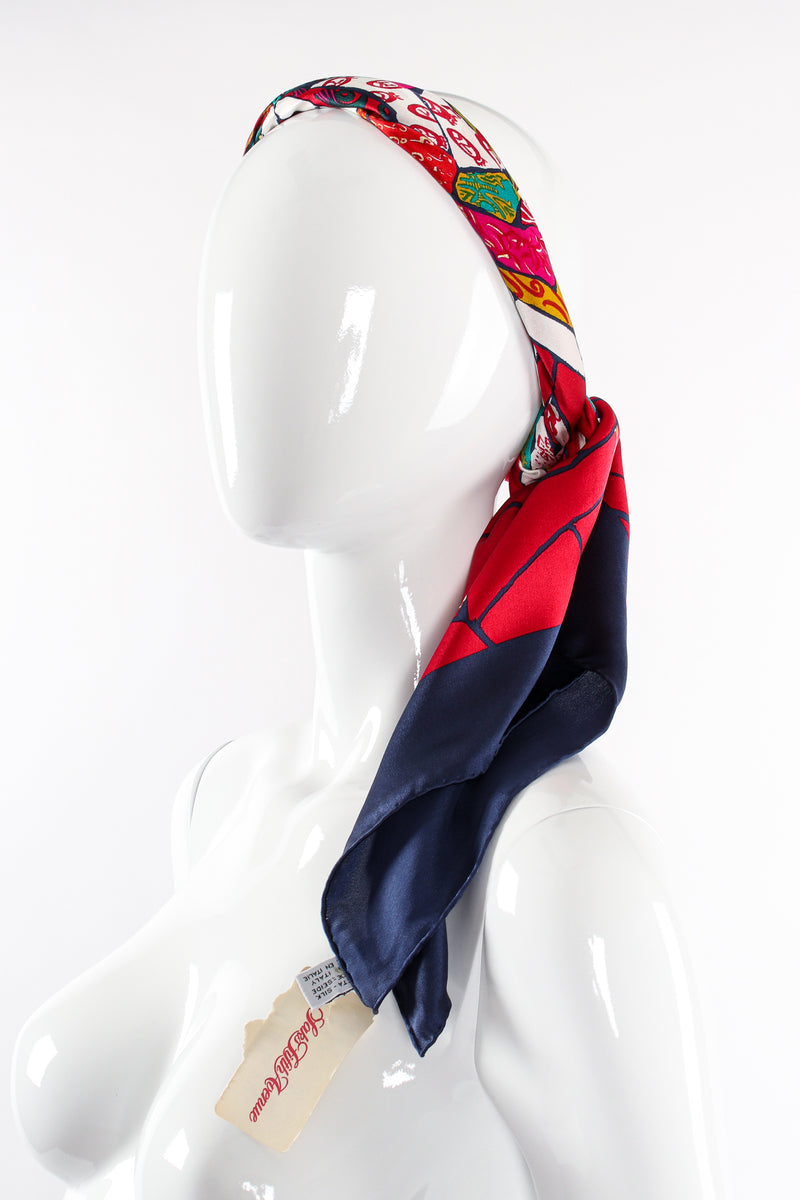 Vintage Christian Lacroix Mosaic Greek Cross Print Silk Scarf on mannequin at Recess Los Angeles