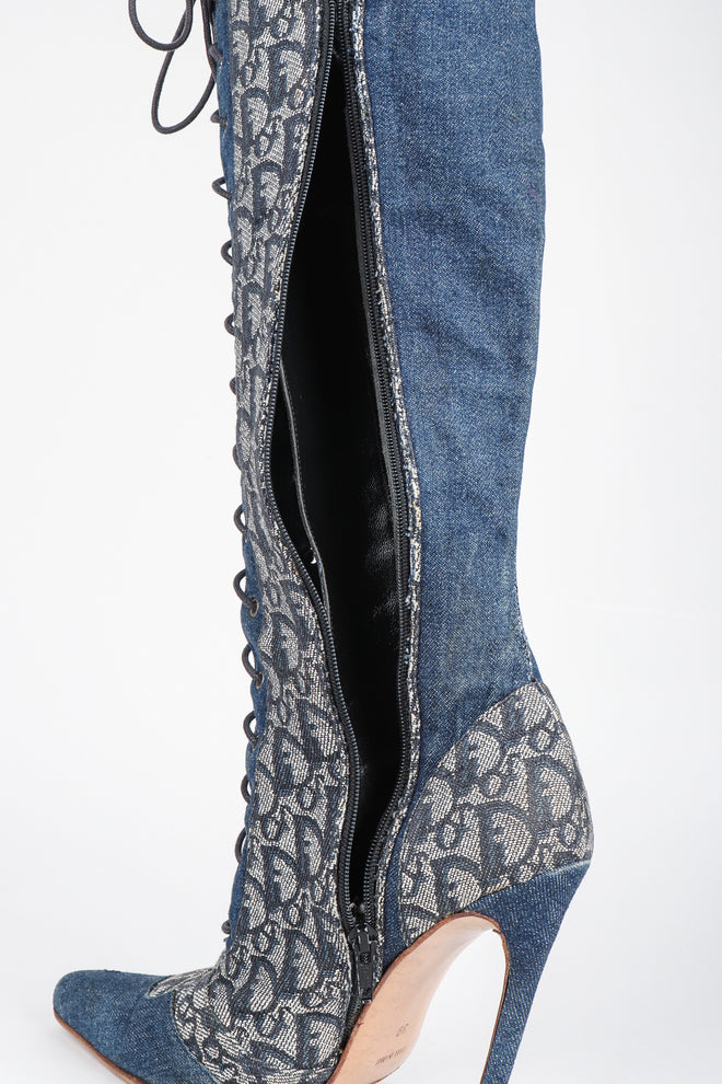 Recess Designer Consignment Vintage Christian Dior Tall Denim Monogram Boots Los Angeles Resale