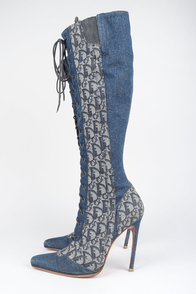 Recess Designer Consignment Vintage Christian Dior Tall Denim Monogram Boots Los Angeles Resale