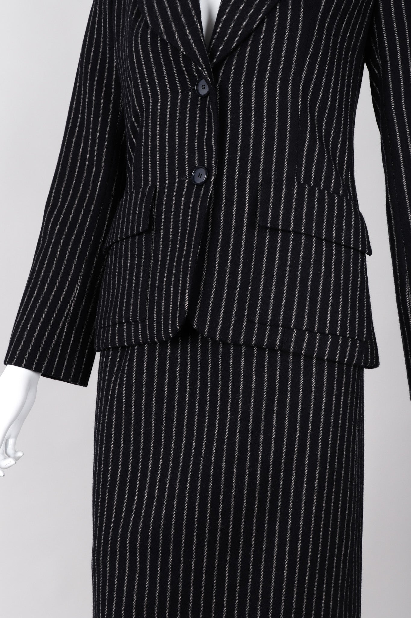 Recess Los Angeles Vintage Christian Dior Couture Jacket Skirt Set Navy Pinstripe Wool