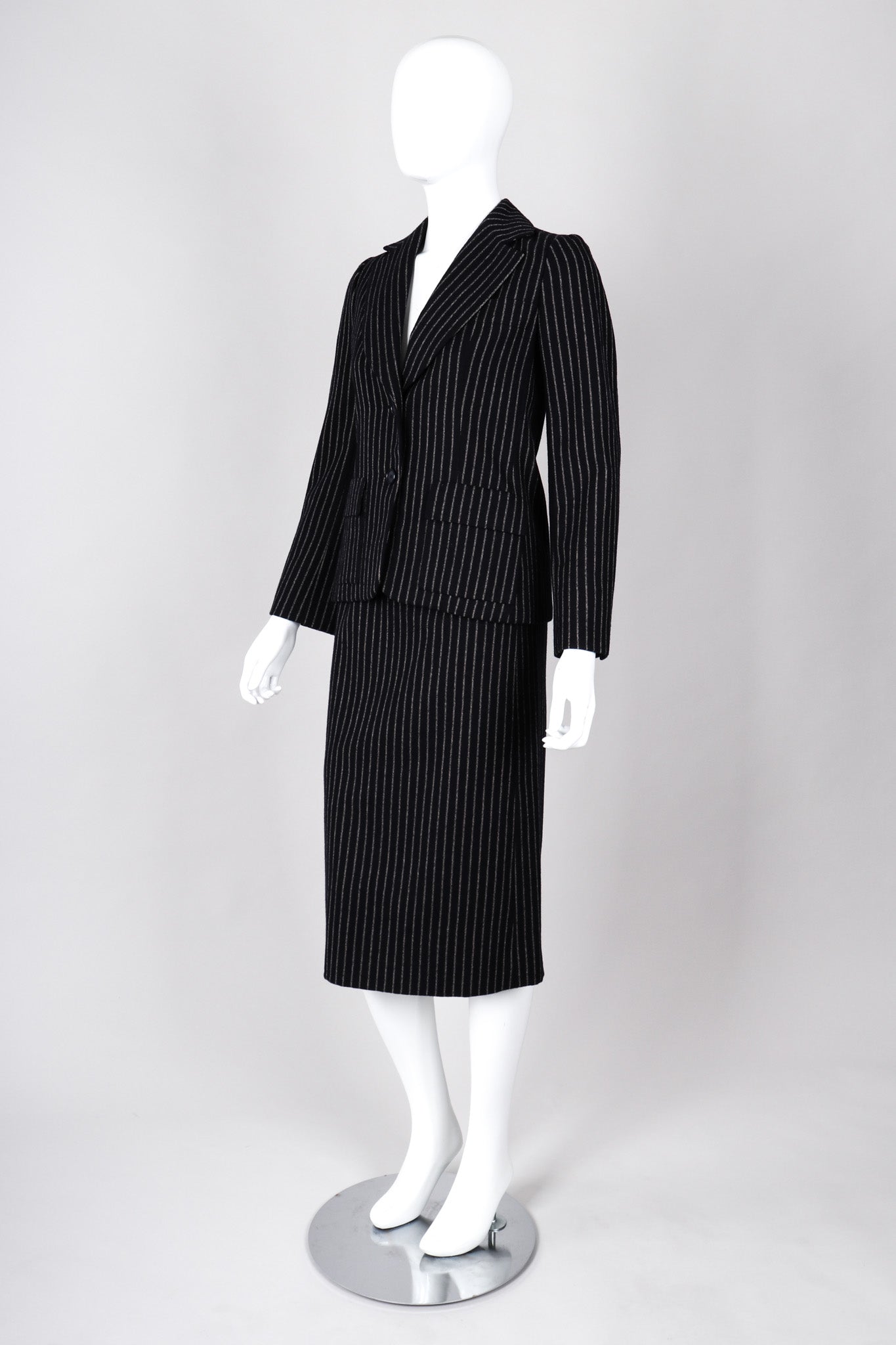 Recess Los Angeles Vintage Christian Dior Couture Jacket Skirt Set Navy Pinstripe Wool