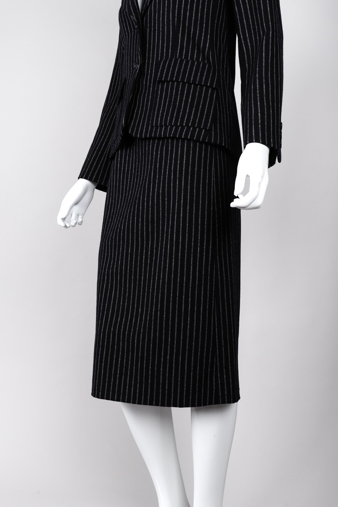 Recess Los Angeles Vintage Christian Dior Couture Jacket Skirt Set Navy Pinstripe Wool
