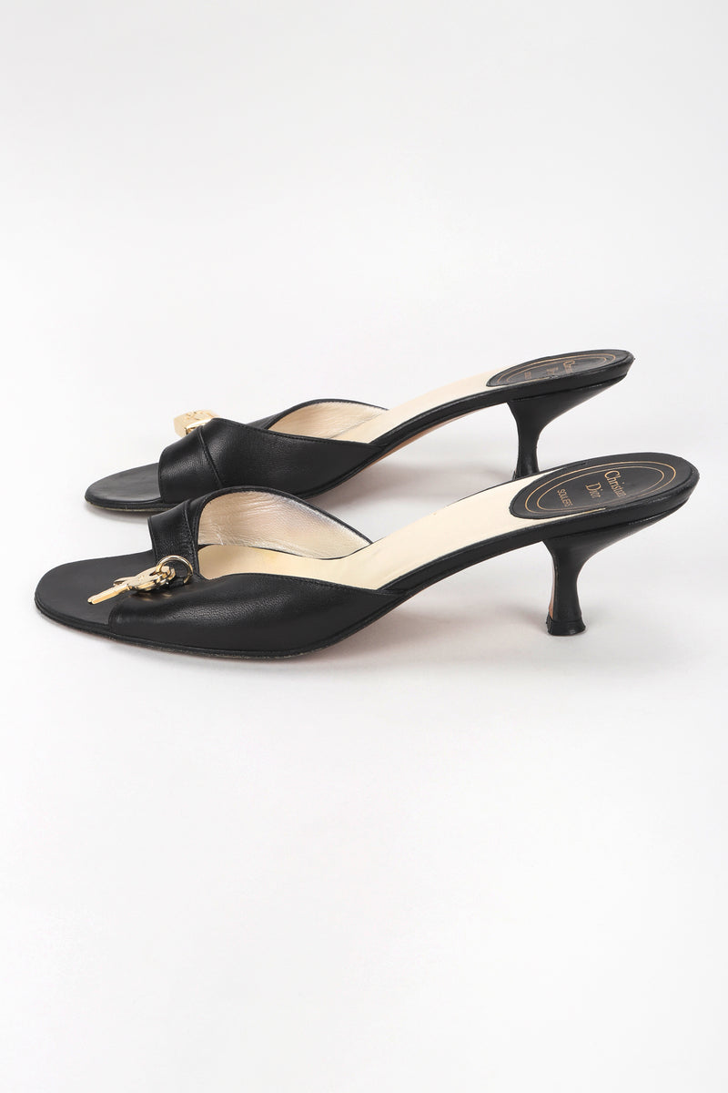 Recess Designer Consignment Vintage Christian Dior Lock & Key Leather Kitten Heel Slide Sandals Los Angeles Resale