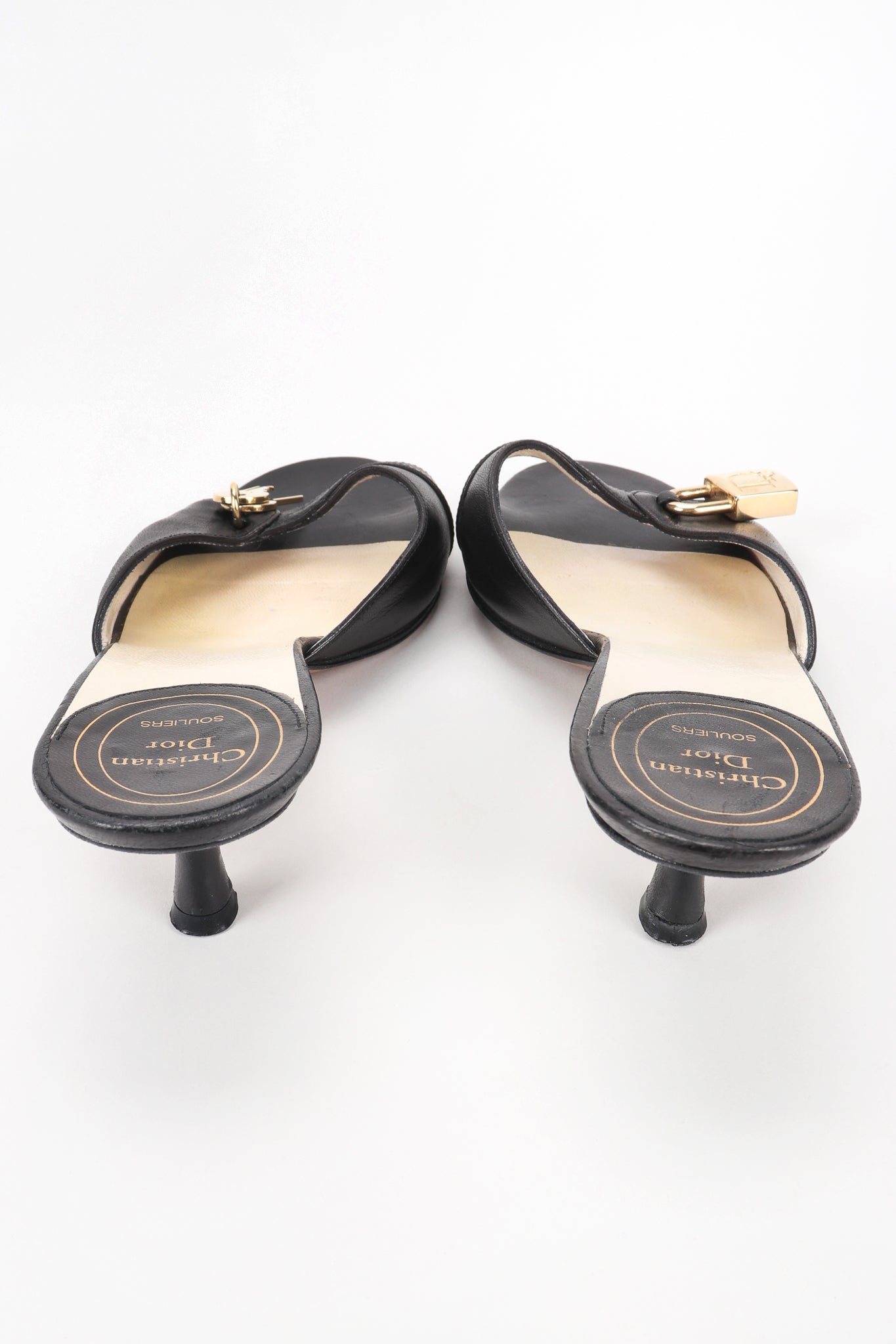 Recess Designer Consignment Vintage Christian Dior Lock & Key Leather Kitten Heel Slide Sandals Los Angeles Resale