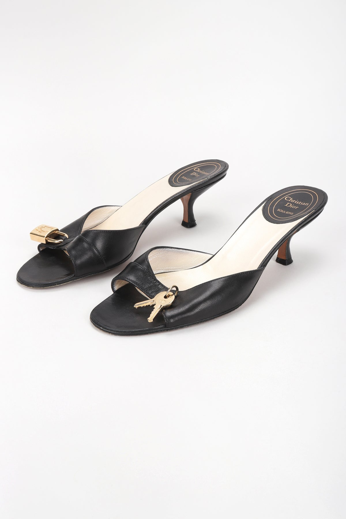 Vintage Christian Dior Lock & Key Leather Kitten Heel Slide