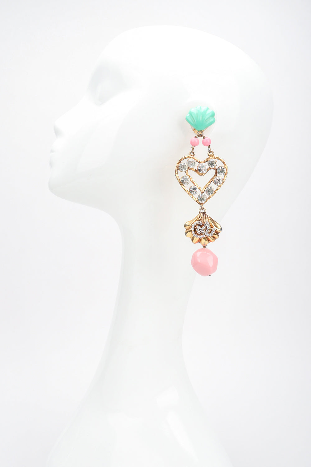 Recess Los Angeles Designer Consignment Resale Recycling Vintage Christian Lacroix Mermaid Shell Crystal Heart Drop Earrings