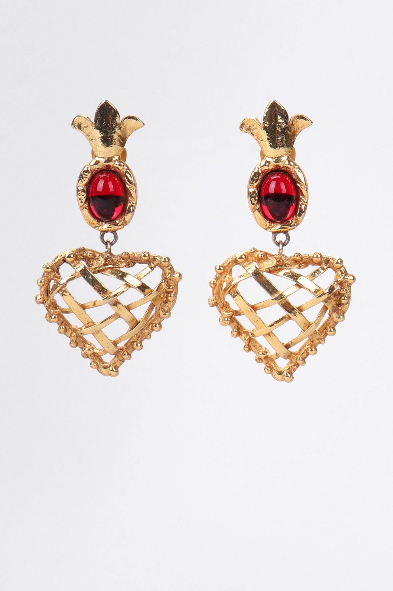 Recess Los Angeles Vintage Christian Lacroix Woven Pineapple Heart Crown Earrings