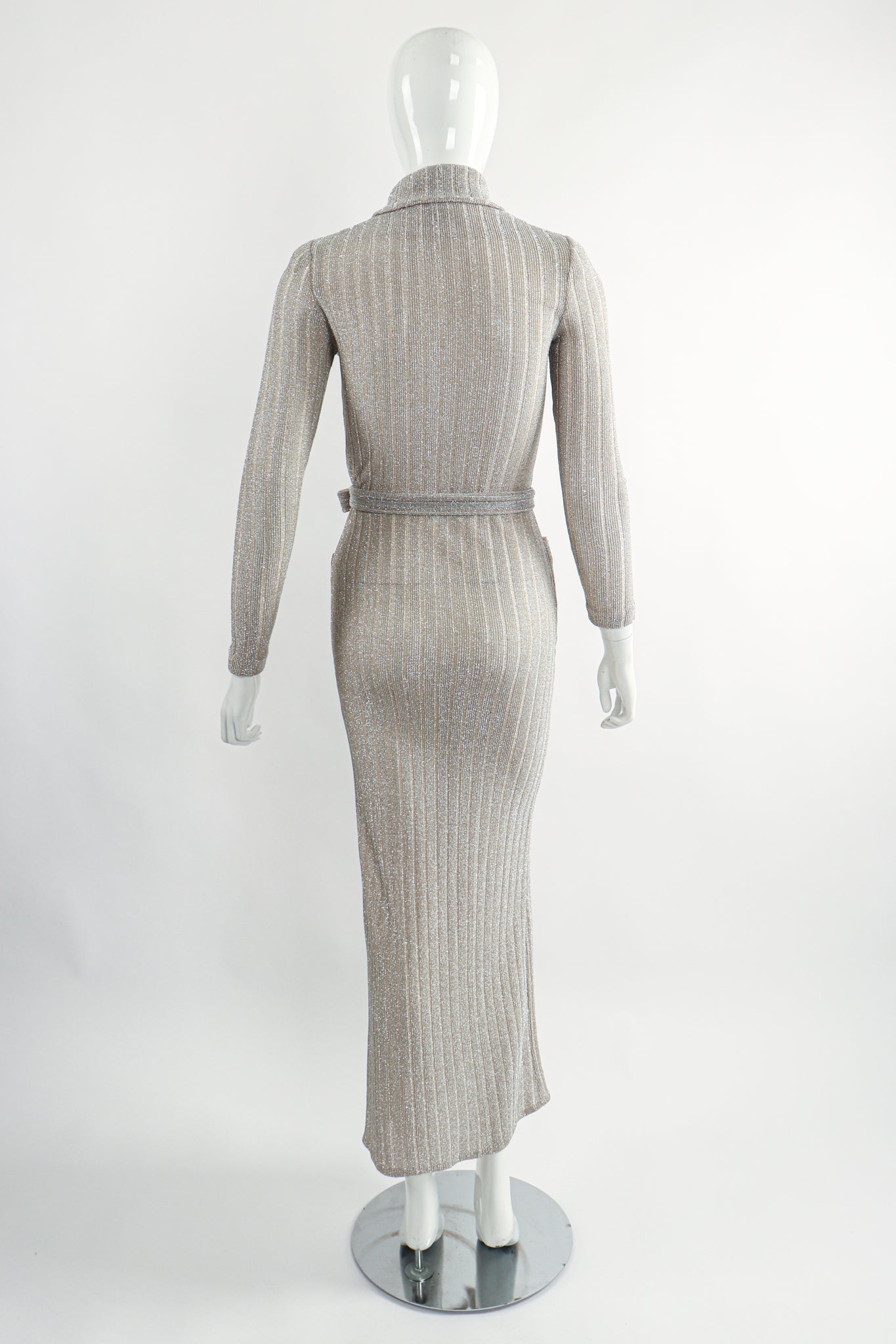 Vintage John Kloss for Cira Long Sheer Metallic Duster Sweater On Mannequin Back at Recess LA