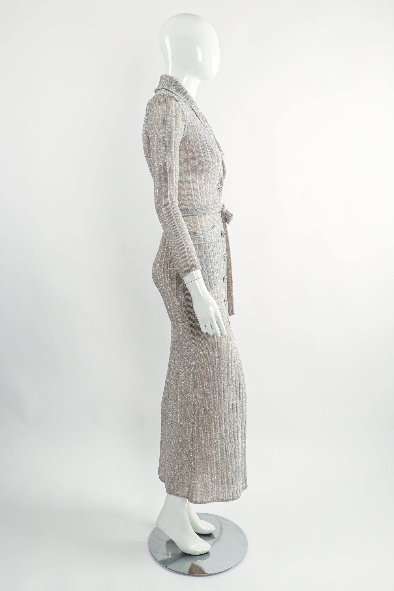 Vintage John Kloss for Cira Long Sheer Metallic Duster Sweater On Mannequin Side at Recess LA