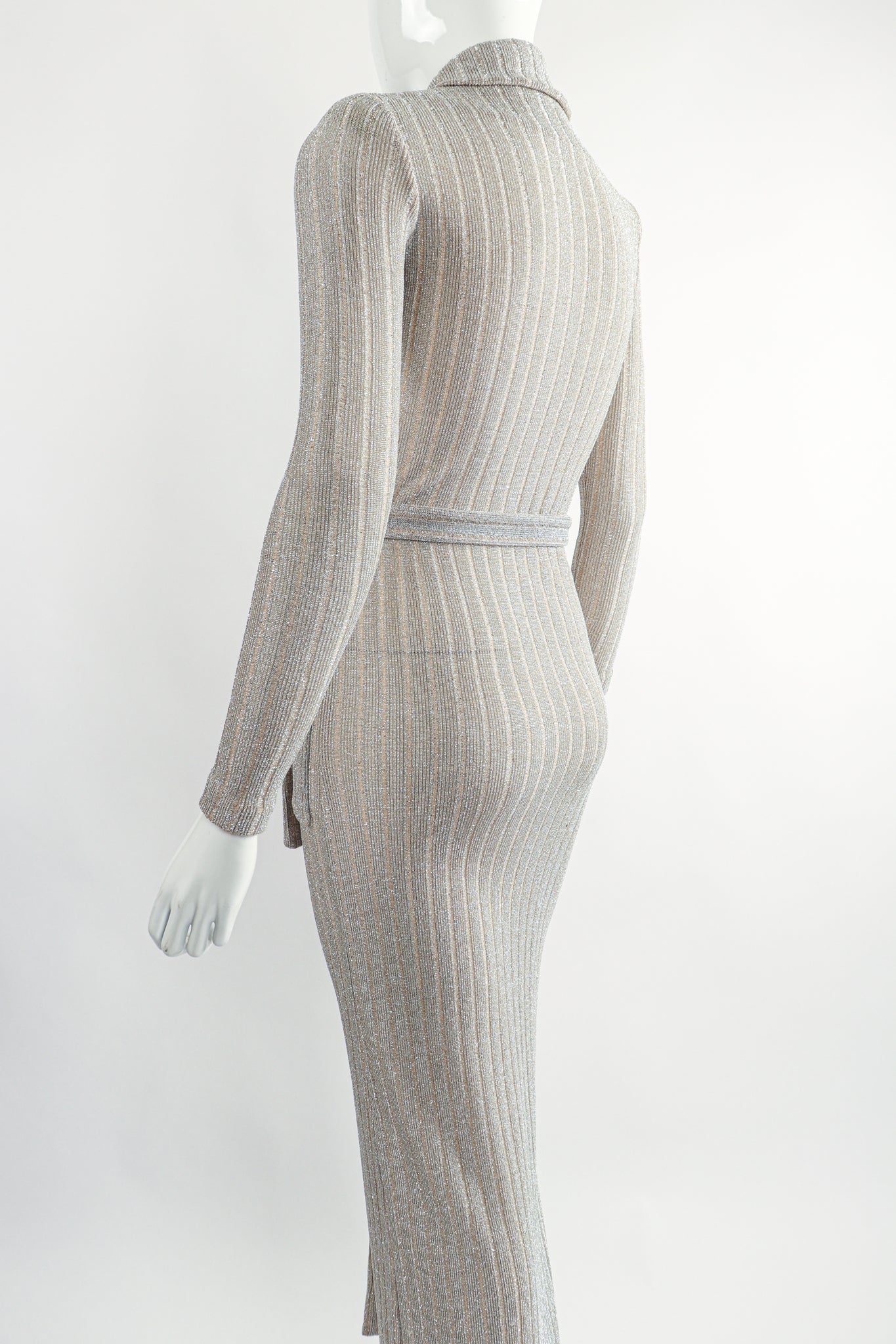 Vintage John Kloss for Cira Long Sheer Metallic Duster Sweater On Mannequin Back Crop at Recess LA