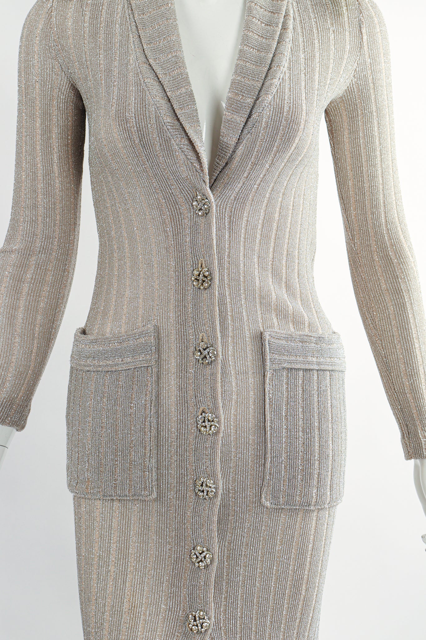 Vintage John Kloss for Cira Long Sheer Metallic Duster Sweater On Mannequin Waist detail at Recess LA
