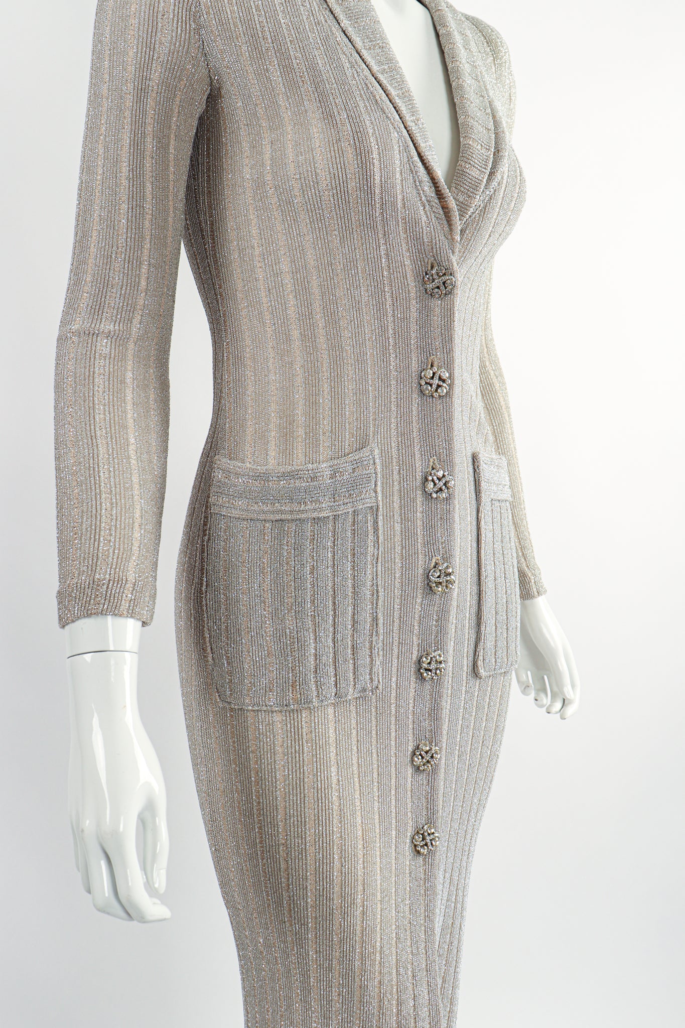 Vintage John Kloss for Cira Long Sheer Metallic Duster Sweater On Mannequin Crop at Recess LA