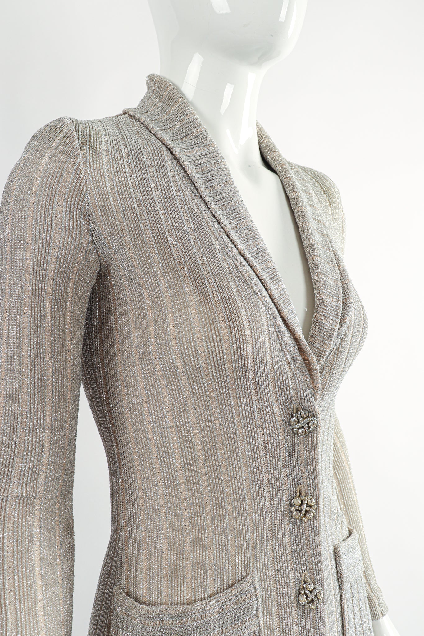 Vintage John Kloss for Cira Long Sheer Metallic Duster Sweater On Mannequin neckline at Recess LA