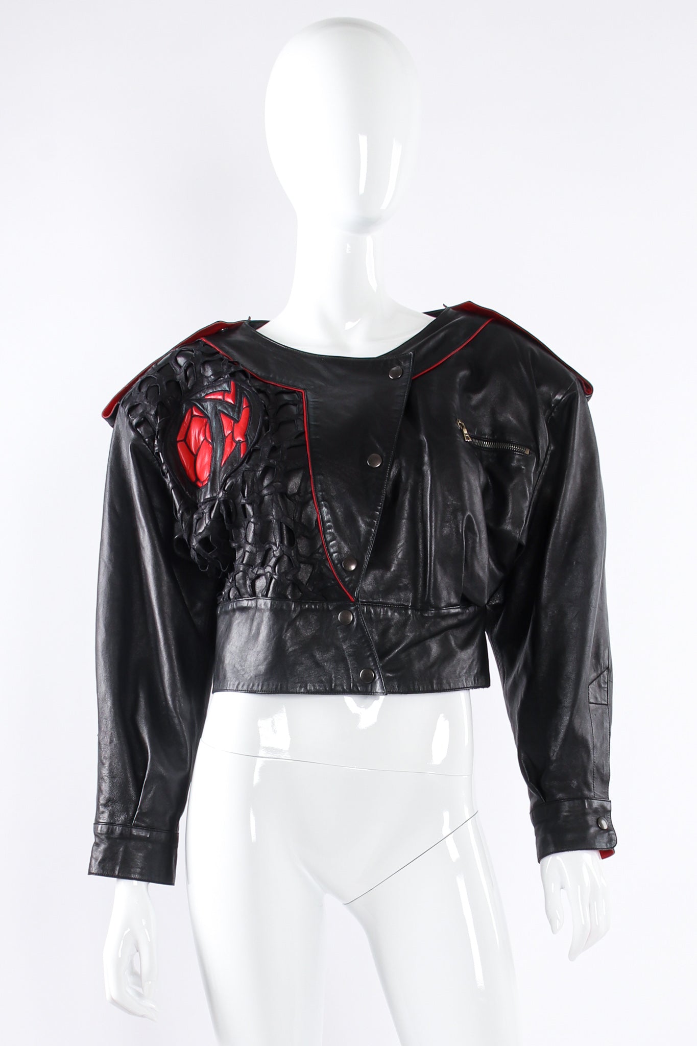 Vintage Claude Montana 1984 S/S Runway Leather Moto Jacket on mannequin front at Recess Los Angeles