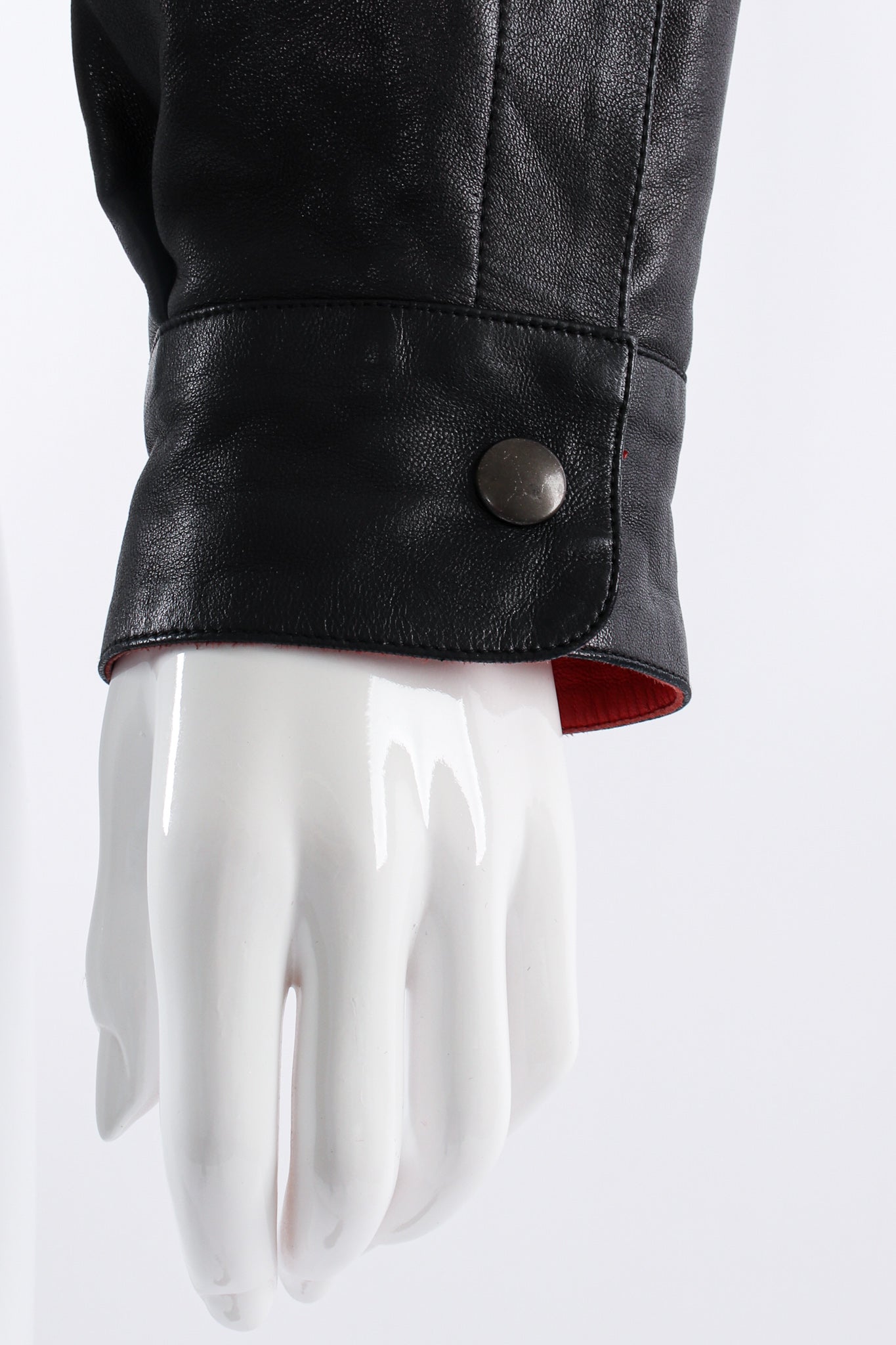 Vintage Claude Montana 1984 S/S Runway Leather Moto Jacket on mannequin sleeve cuff at Recess LA