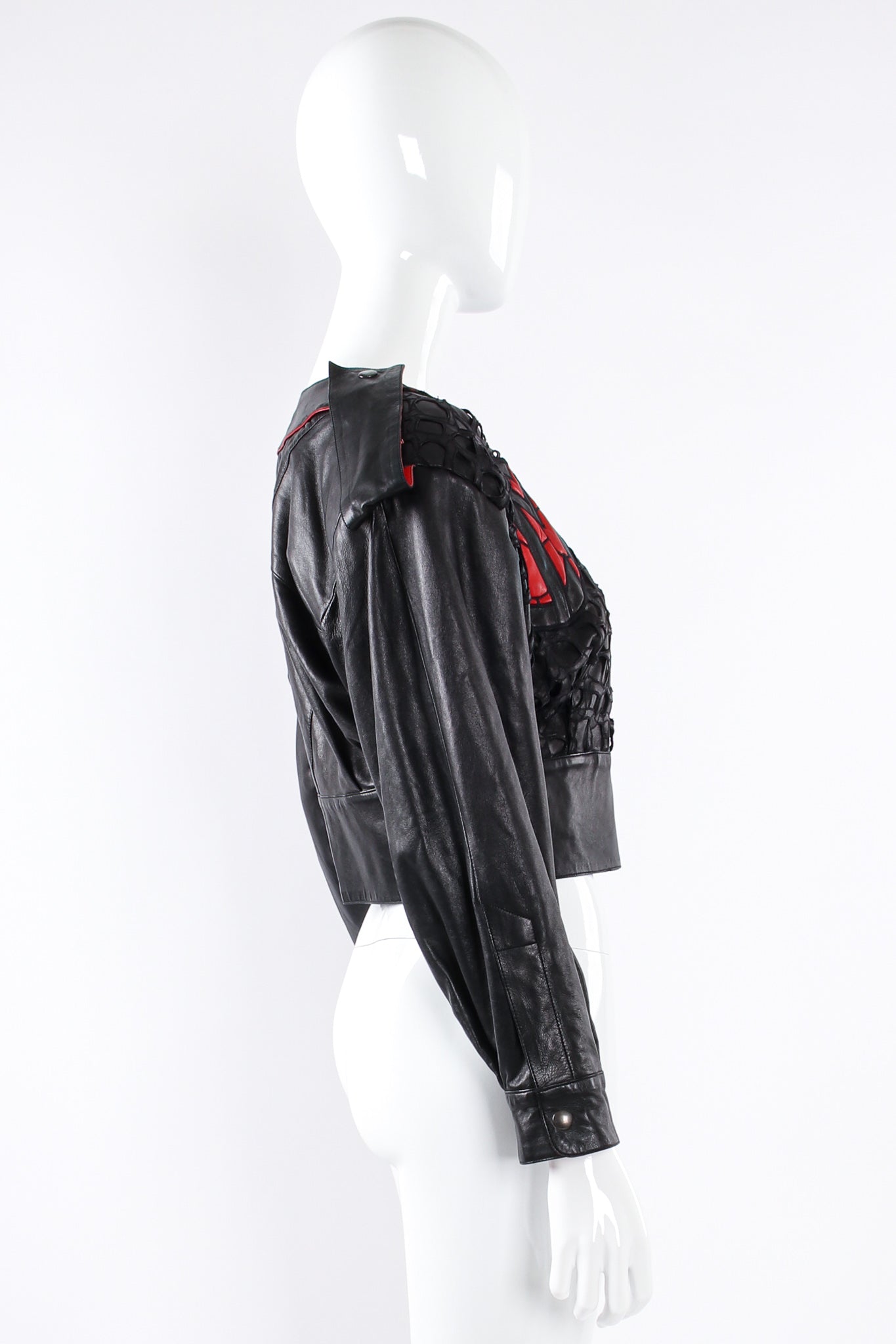 Vintage Claude Montana 1984 S/S Runway Leather Moto Jacket on mannequin side at Recess Los Angeles