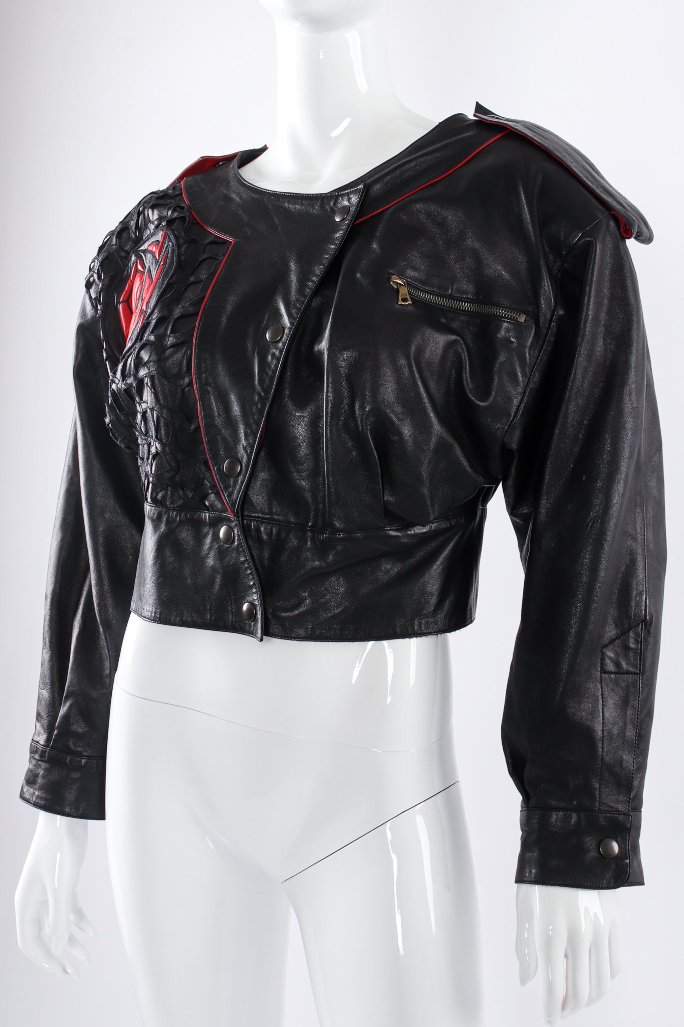 Vintage Claude Montana 1984 S/S Runway Leather Moto Jacket on mannequin crop at Recess Los Angeles