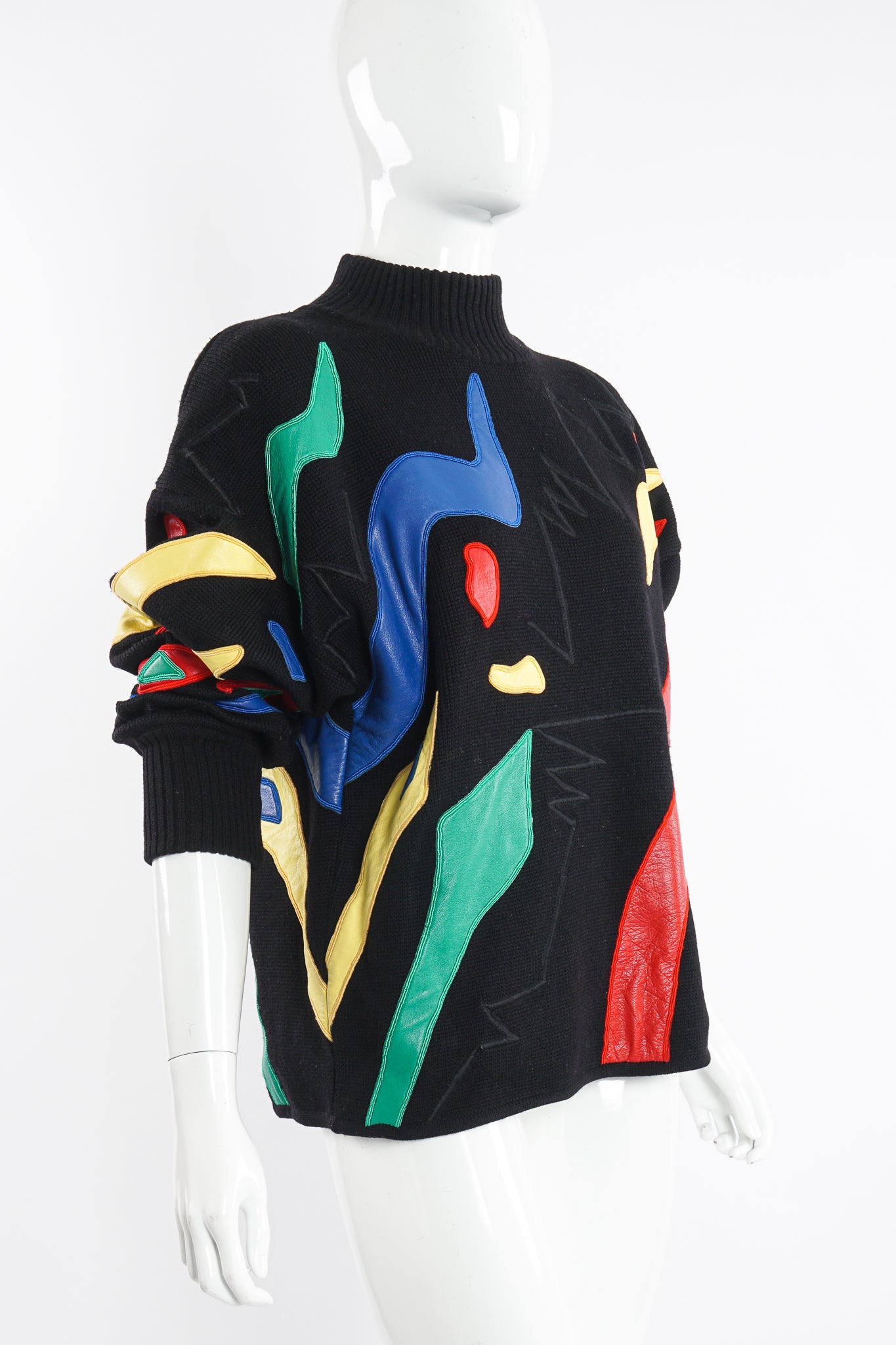 Vintage Claude Montana Leather Appliqué Sweater on Mannequin angle at Recess Los Angeles