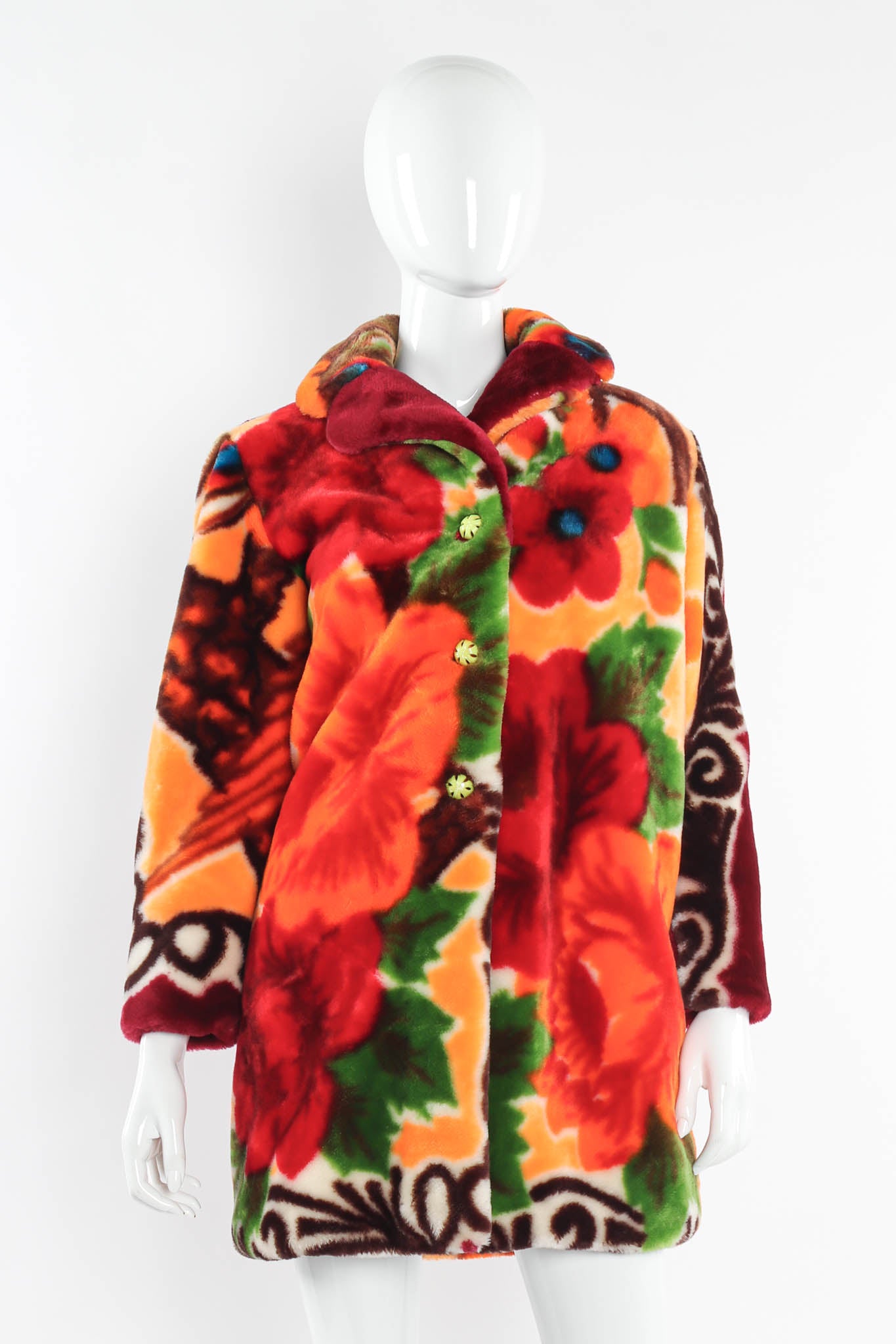 Vintage Claude D'Alban Floral Faux Fur Fleece Coat mannequin front @ Recess LA