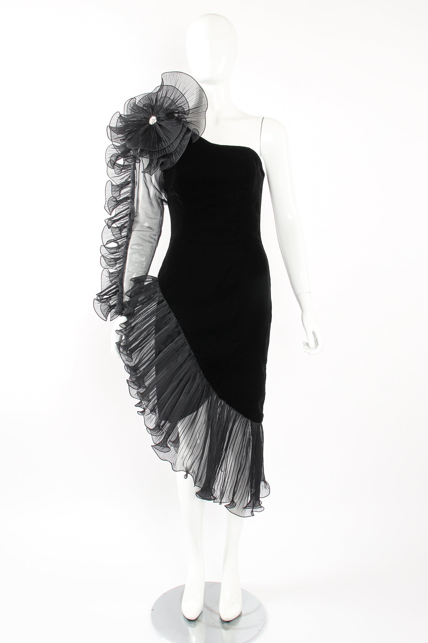 Vintage Karen Okada Climax Sheer Ruffle Sleeve Dress on Mannequin front at Recess LA