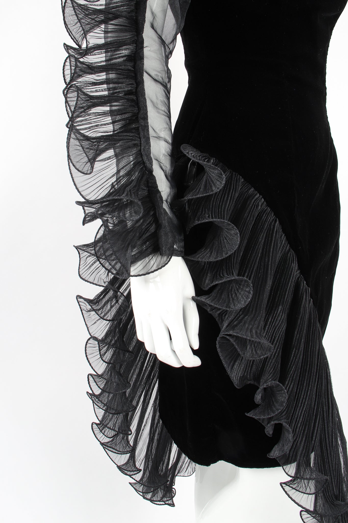 Vintage Karen Okada Climax Sheer Ruffle Sleeve Dress on Mannequin ruffles at Recess LA