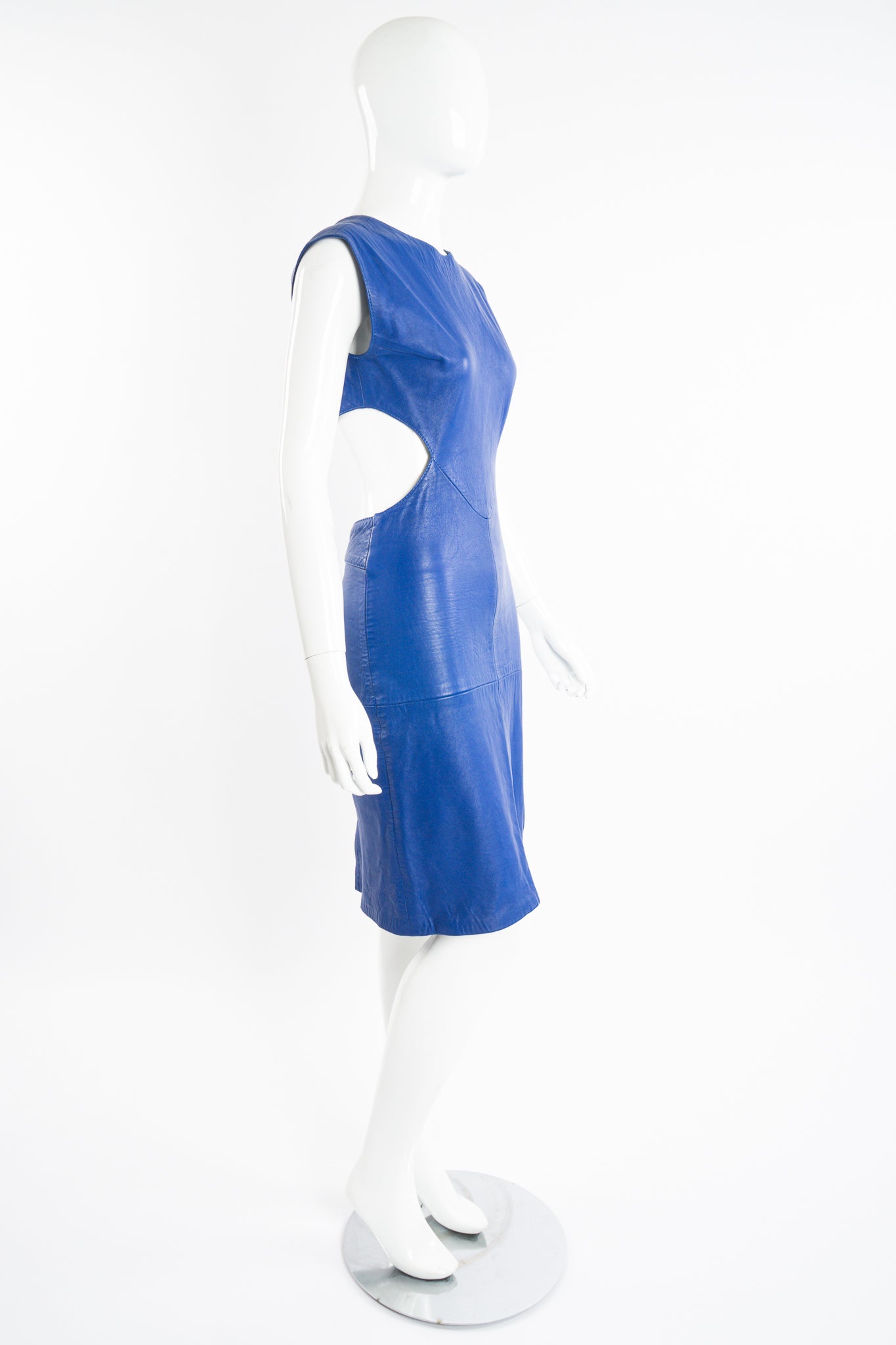 Vintage Climax Blue Leather Cutout Dress on Mannequin side at Recess Los Angeles