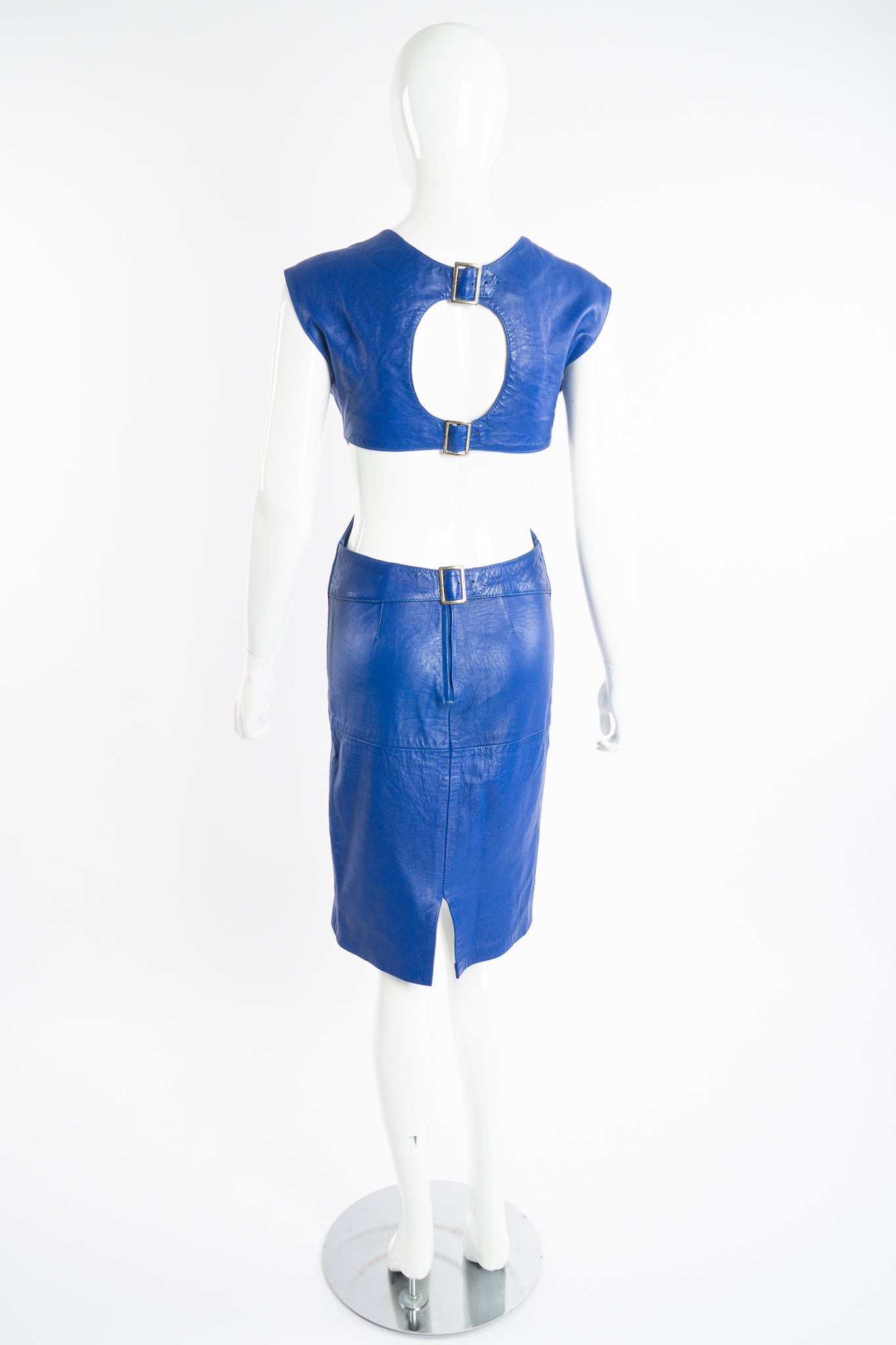 Vintage Climax Blue Leather Cutout Dress on Mannequin back at Recess Los Angeles