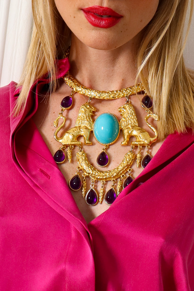 Model Miranda in Vintage Jeweled Lion Pride Pendant Necklace @ Recess LA