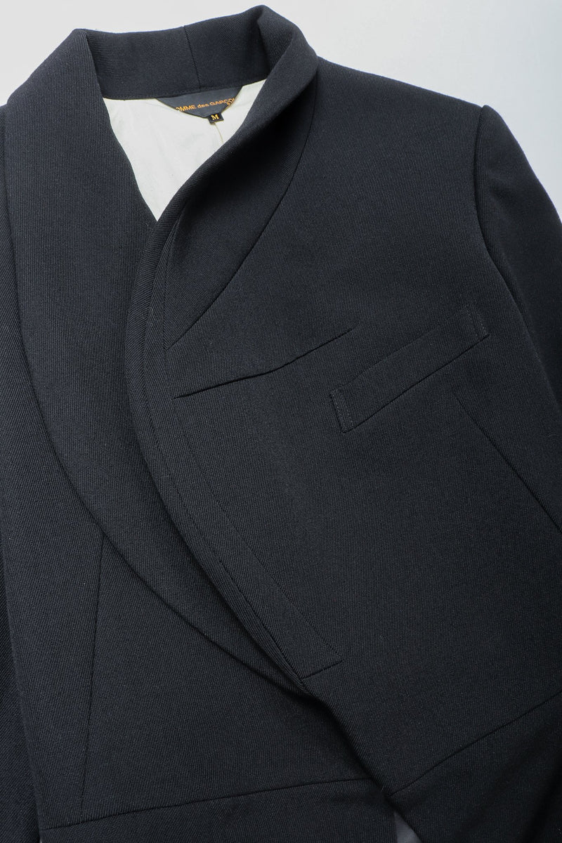 Recess Vintage Comme des Garcons Black Shawl Collar Cutaway Coat, front detail