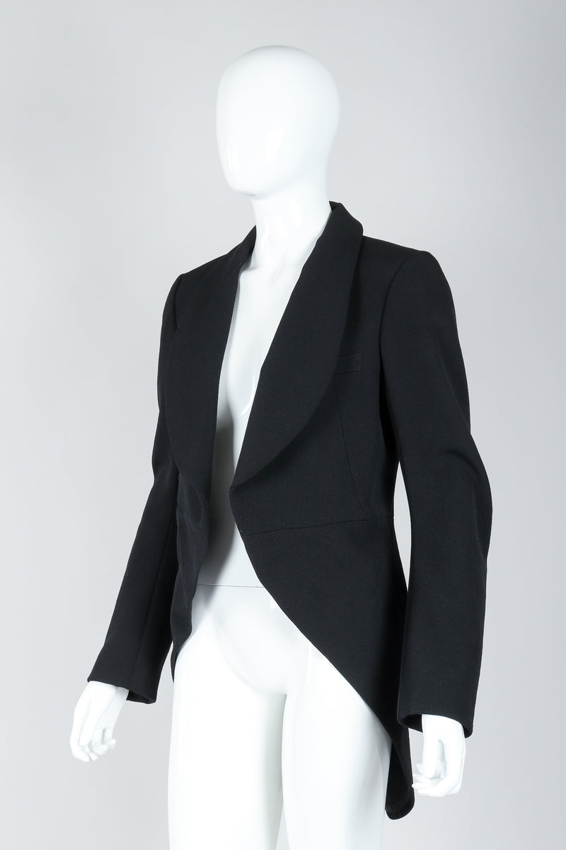 Recess Vintage Comme des Garcons Black Shawl Collar Cutaway Coat on Mannequin, Side