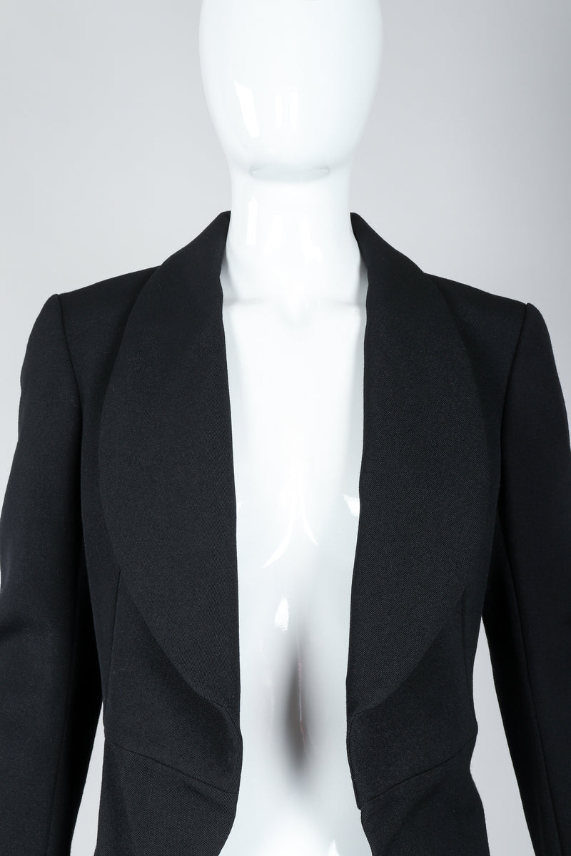 Recess Vintage Comme des Garcons Black Shawl Collar Cutaway Coat on Mannequin, lapel detail