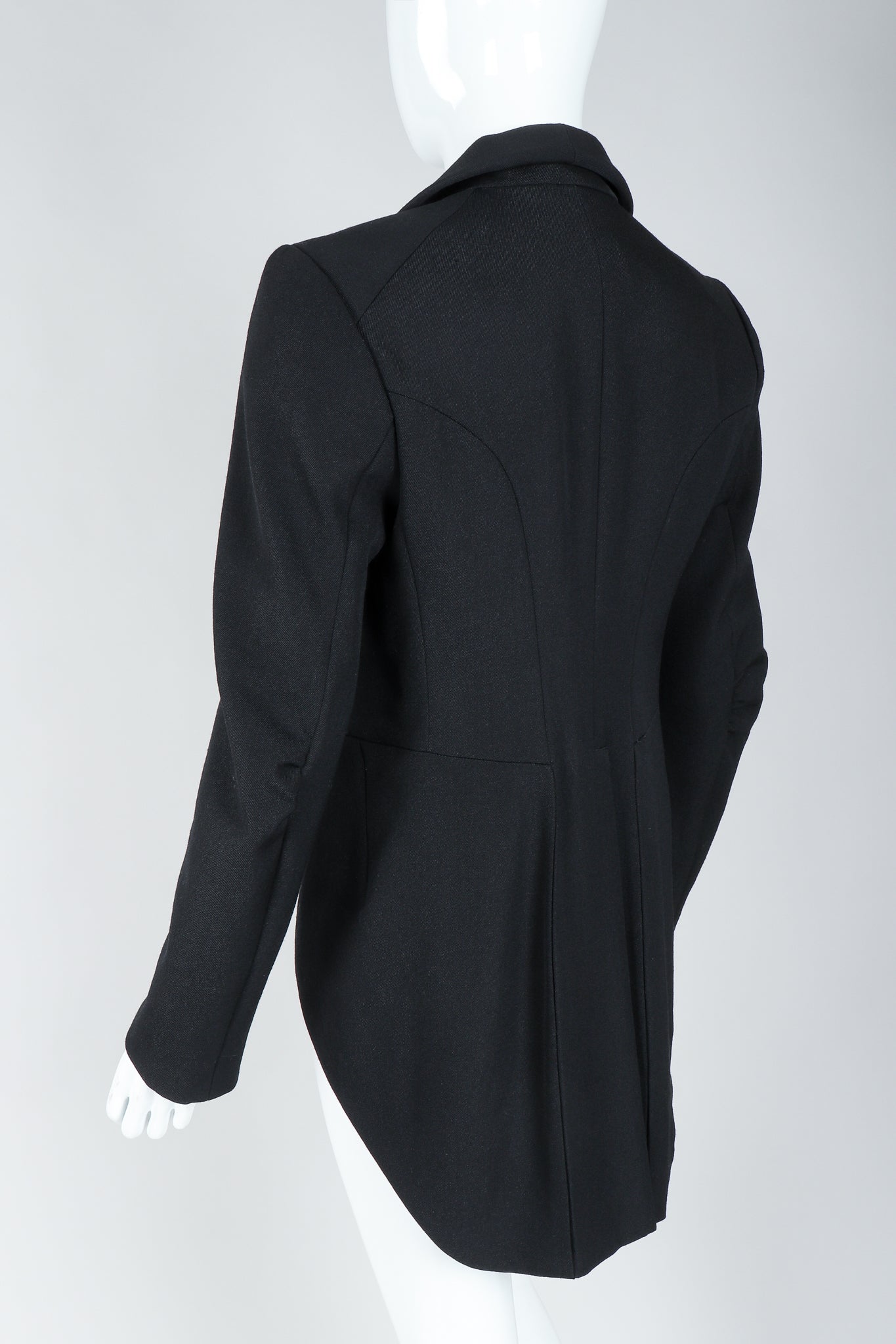 Recess Vintage Comme des Garcons Black Shawl Collar Cutaway Coat on Mannequin, tails
