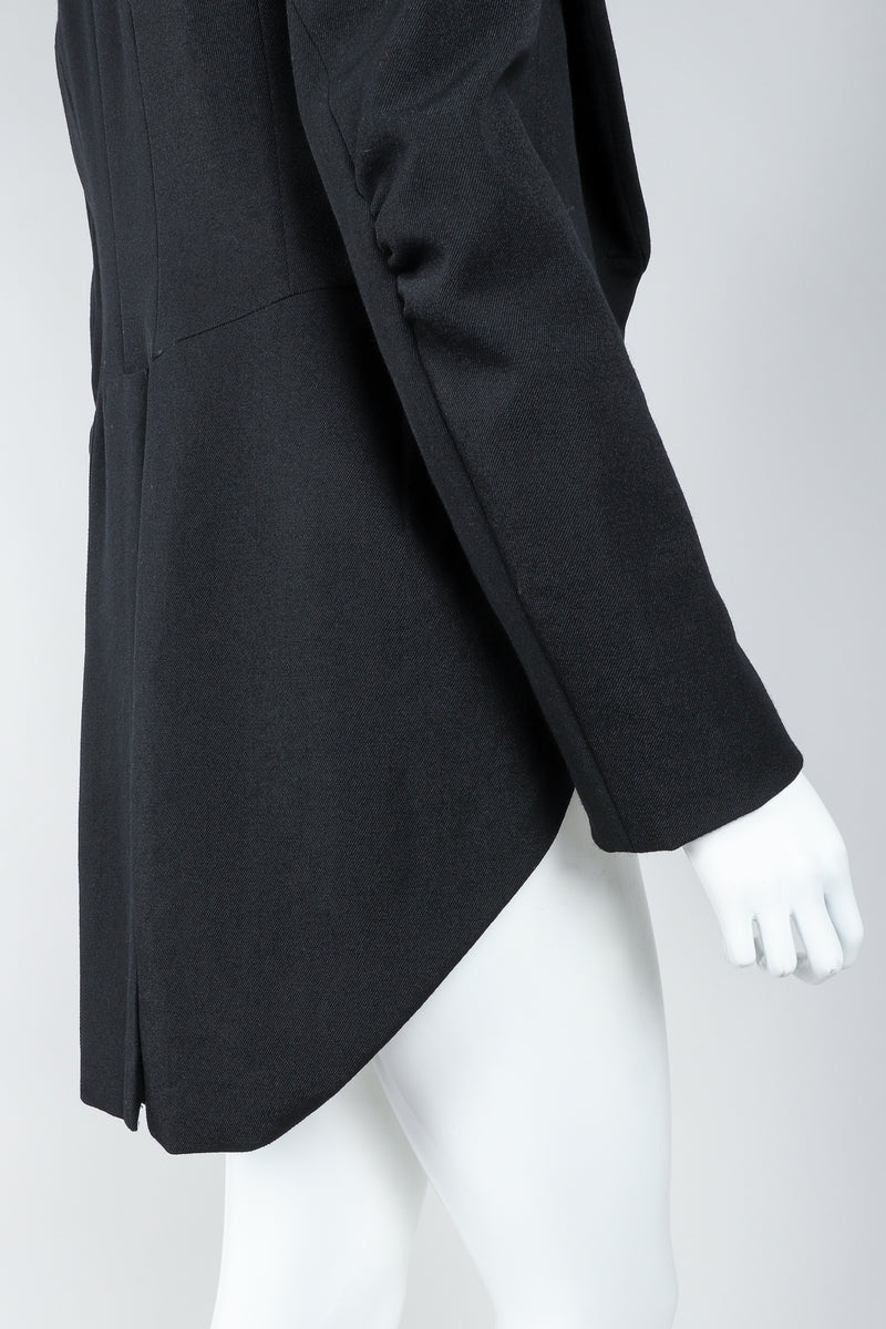Recess Vintage Comme des Garcons Black Shawl Collar Cutaway Coat on Mannequin, hem detail