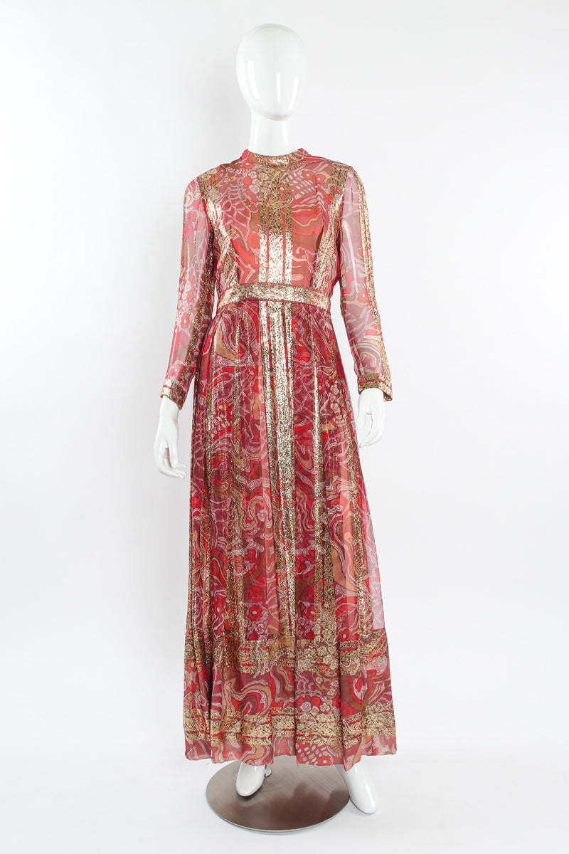 Vintage Countess Alexander Metallic Moiré Pleated Silk Dress mannequin front @ Recess LA