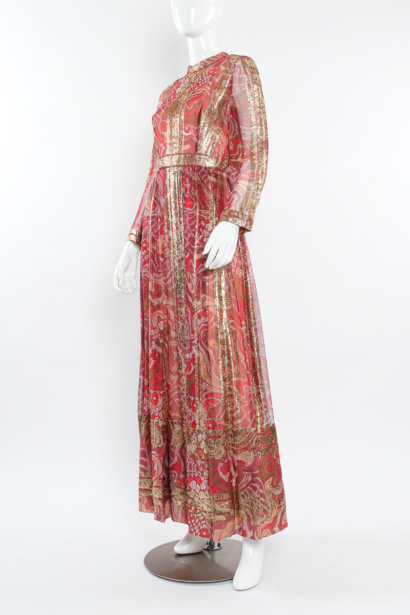 Vintage Countess Alexander Metallic Moiré Pleated Silk Dress mannequin side angle @ Recess LA