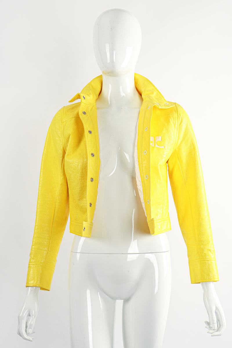 Vintage Courreges Yellow Patent Crinkle Jacket On Mannequin Front Open at Recess Los Angeles