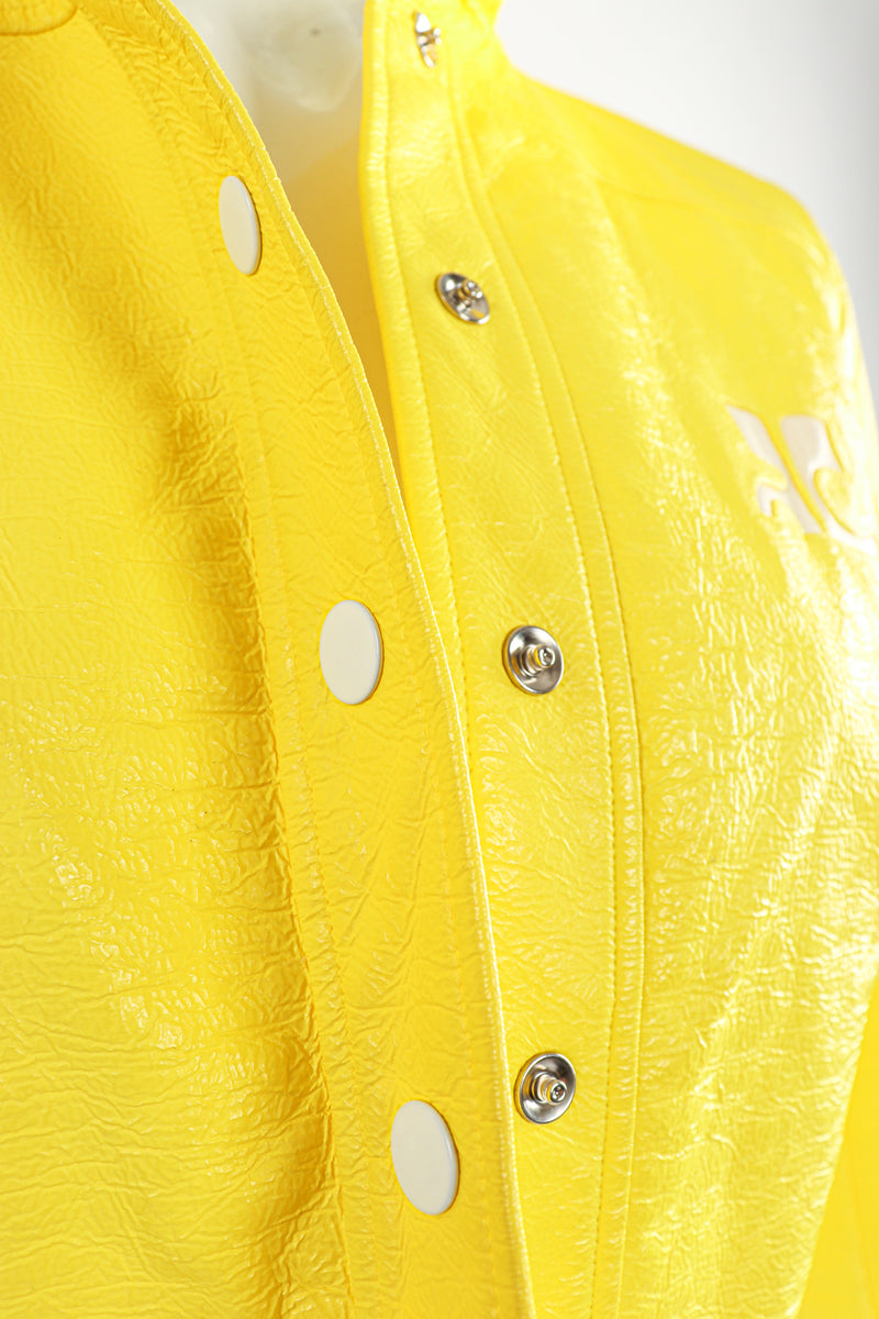Vintage Courreges Yellow Patent Crinkle Jacket Snap Detail at Recess Los Angeles
